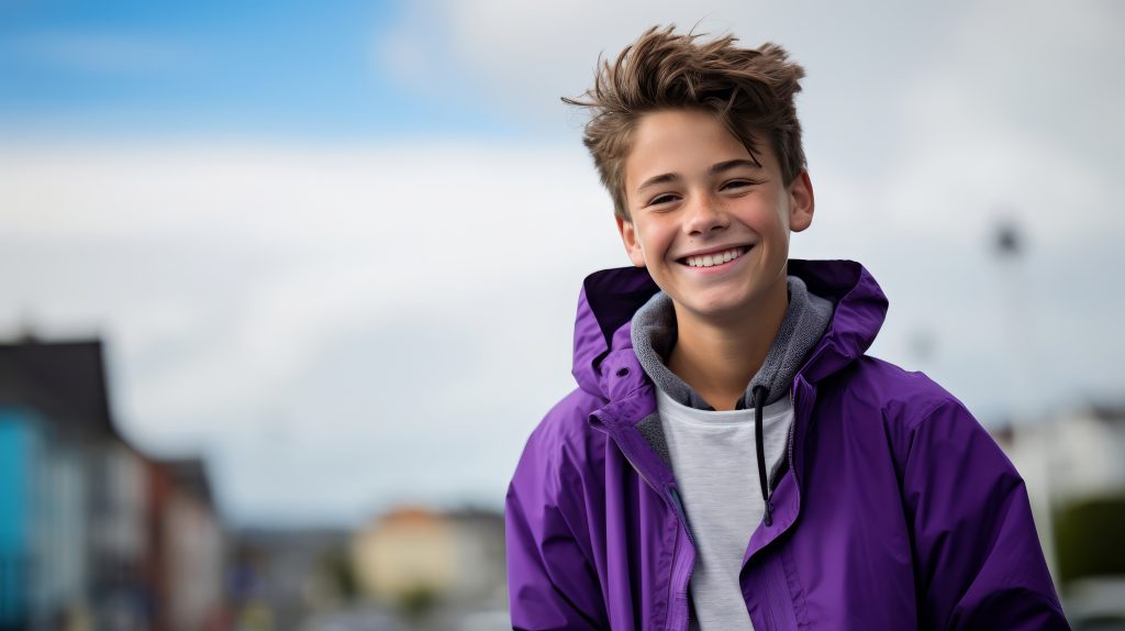 des adolescents souriants dans un ensemble violet sur un fond turquoise
